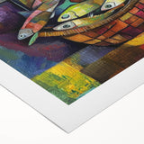 Abstract figurative rolled canvas art showcasing vibrant colors and dynamic shapes, ideal for modern home decor. Comes securely packaged in a protective tube.
