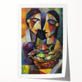 Abstract figurative rolled print showcasing vibrant colors and dynamic shapes, ideal for modern home decor, presented in a protective cardboard tube.