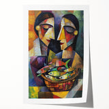 Abstract figurative rolled print showcasing vibrant colors and dynamic shapes, ideal for modern home decor, presented in a protective cardboard tube.