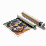Abstract figurative rolled print showcasing vibrant colors and dynamic shapes, perfect for modern decor. Packaged securely in a protective cardboard tube for shipping.