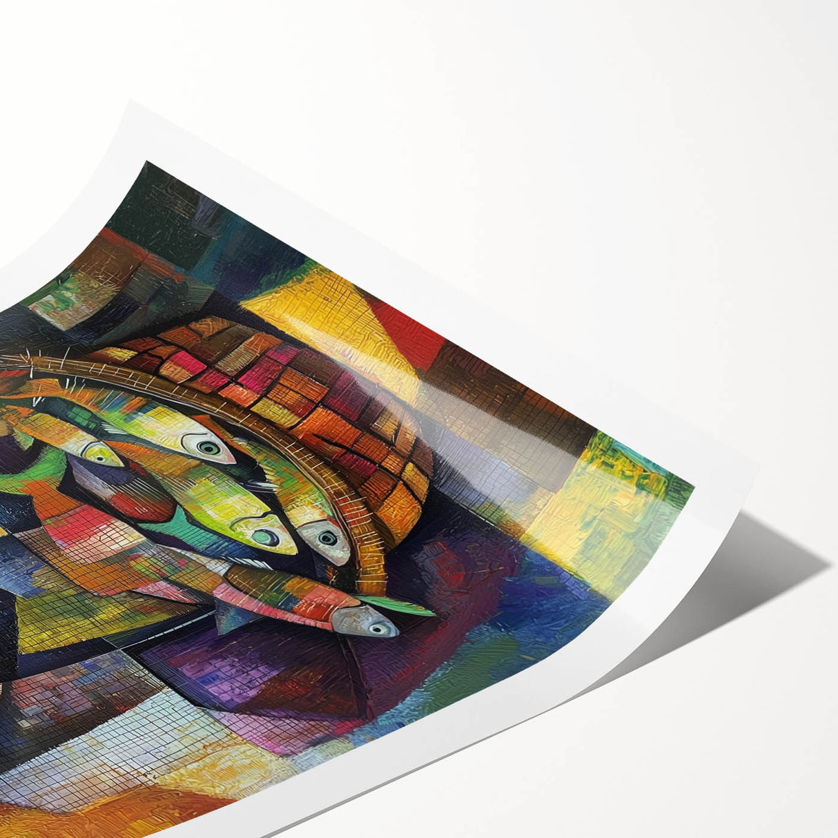 Abstract figurative rolled print showcasing vibrant colors and dynamic shapes, ideal for modern decor. Packaged securely in a cardboard tube for easy transport.