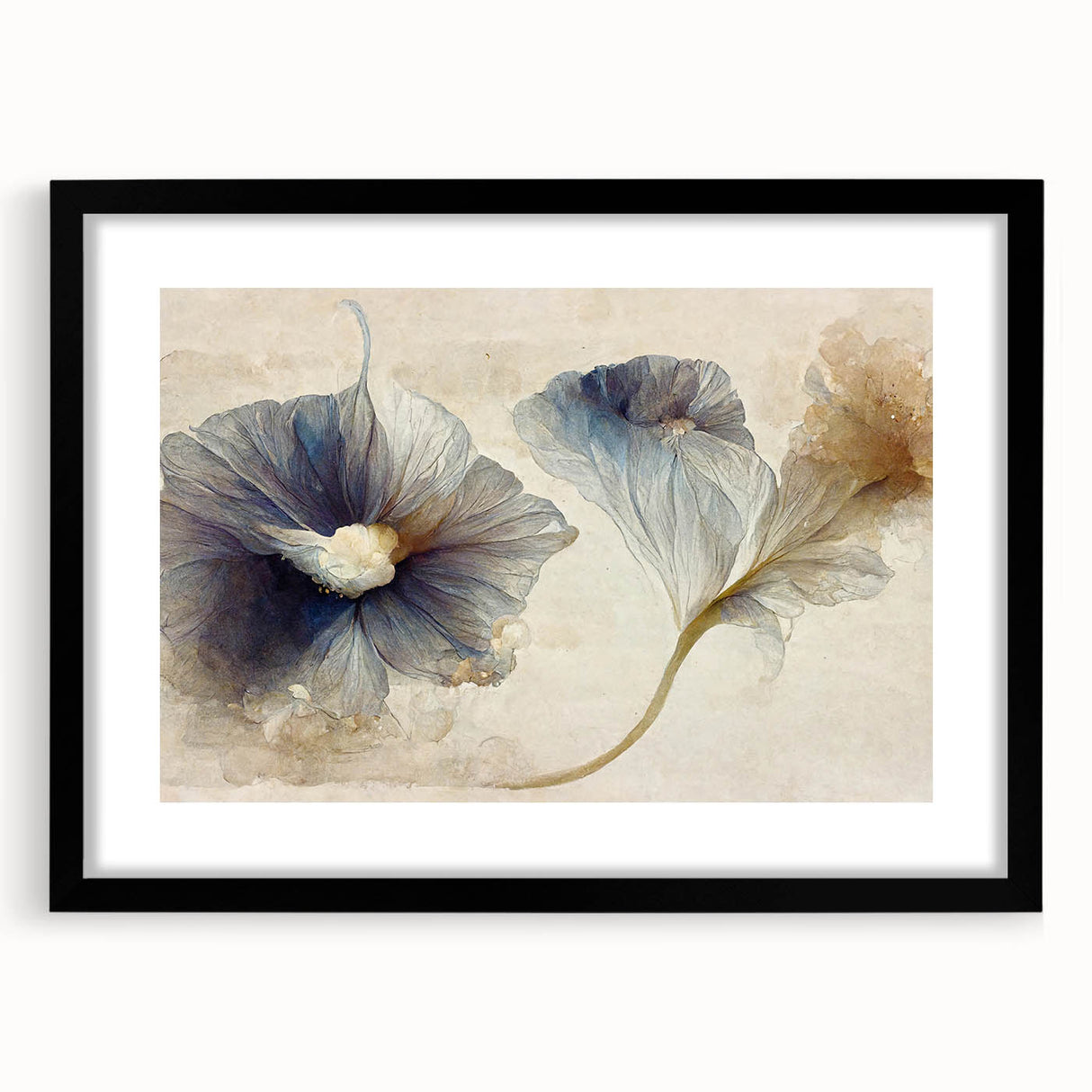 Abstract floral wall art framed in black with a white mat, showcasing vibrant colors and intricate designs, perfect for modern home decor.