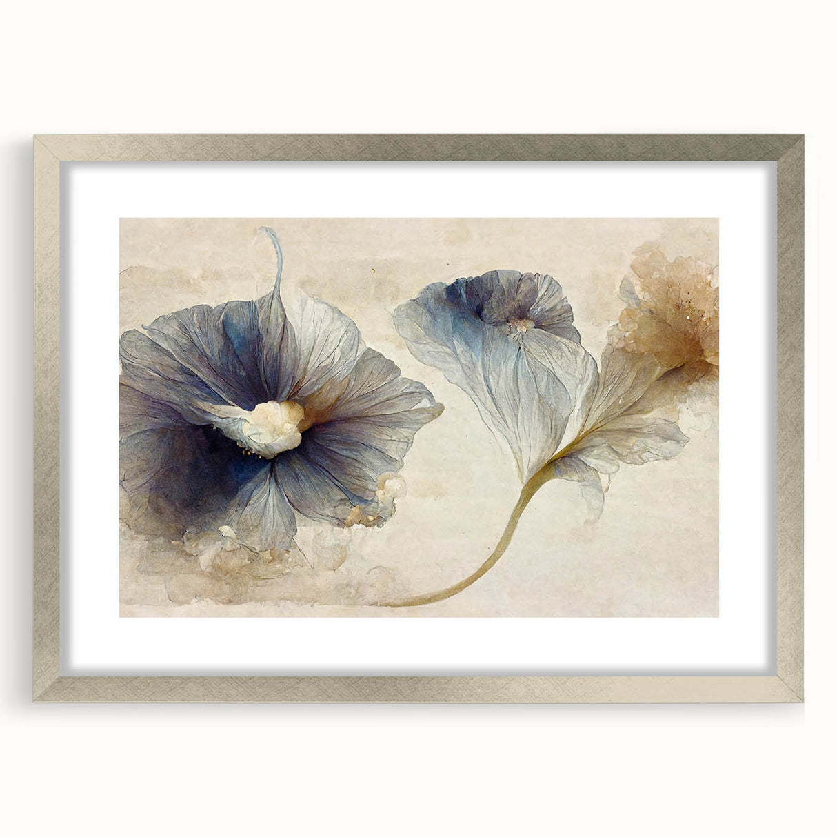 Abstract floral wall art framed in a sleek silver frame with a mat, showcasing vibrant colors and intricate details, perfect for modern home decor.