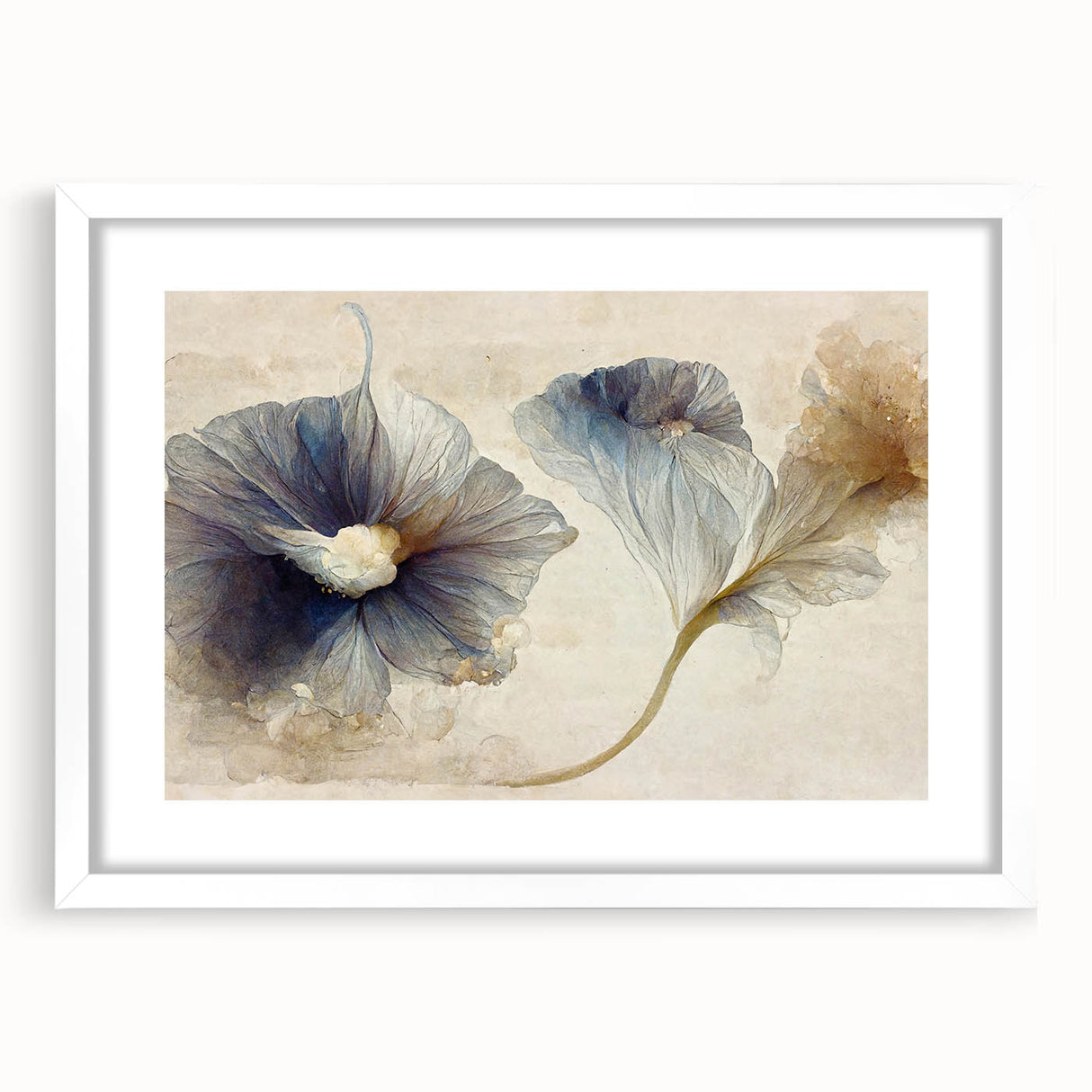 Abstract floral wall art framed in white with a mat, showcasing vibrant colors and intricate patterns, ideal for enhancing modern home decor.