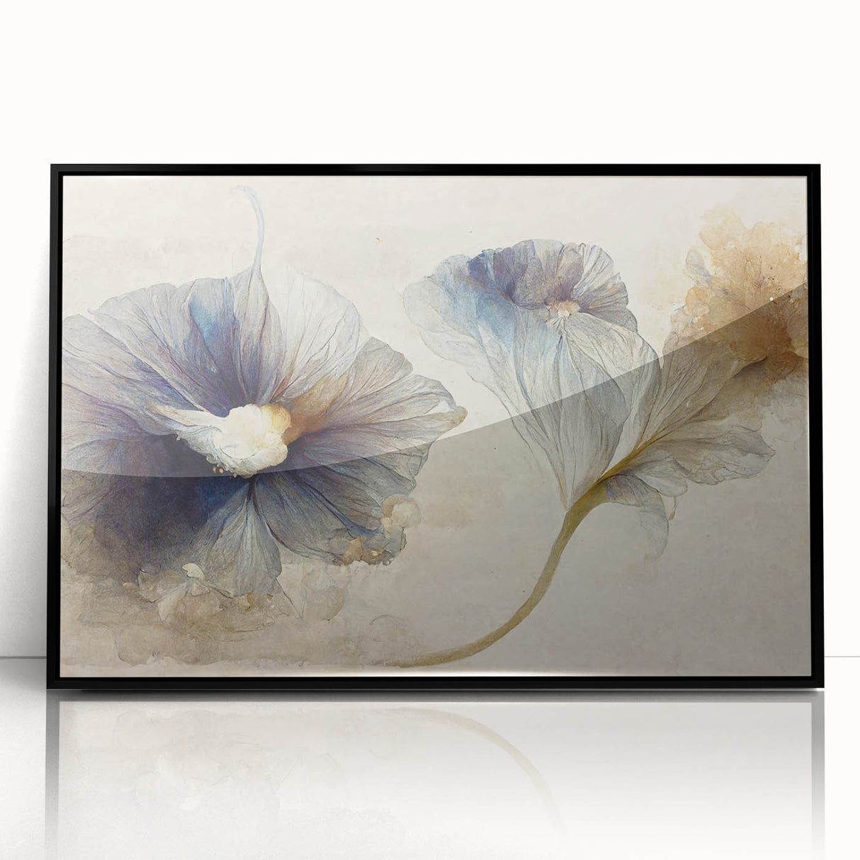 Framed acrylic wall art showcasing an abstract floral design in vibrant colors, set against a sleek black frame, perfect for modern home decor accents.