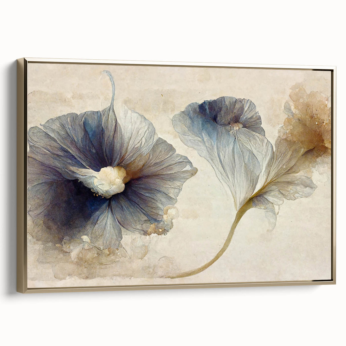 Framed abstract floral wall art featuring vibrant gold accents and intricate designs, displayed from the side to highlight its textured canvas and elegant finish.