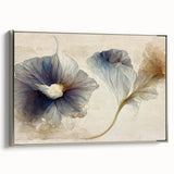 Framed canvas wall art showcasing an abstract floral design in vibrant colors, featuring a sleek silver frame and a side view display, perfect for modern decor.