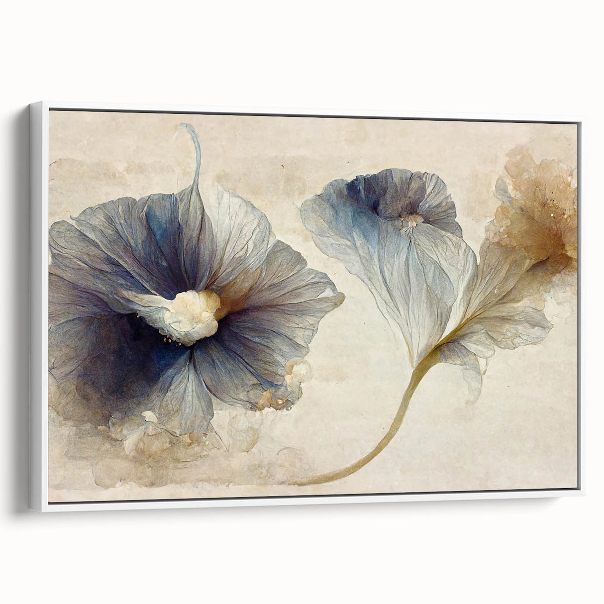 Framed canvas wall art showcasing abstract floral designs in soft pastel colors, elegantly displayed from a side view, perfect for modern home decor.