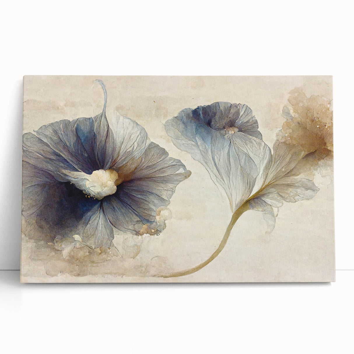 Abstract floral wall art on stretched canvas, showcasing vibrant colors and intricate patterns, elegantly leaning against a textured wall, enhancing modern decor.