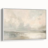 Framed abstract landscape wall art showcasing soft hues of blue and beige, elegantly displayed from a side view, perfect for modern home decor.