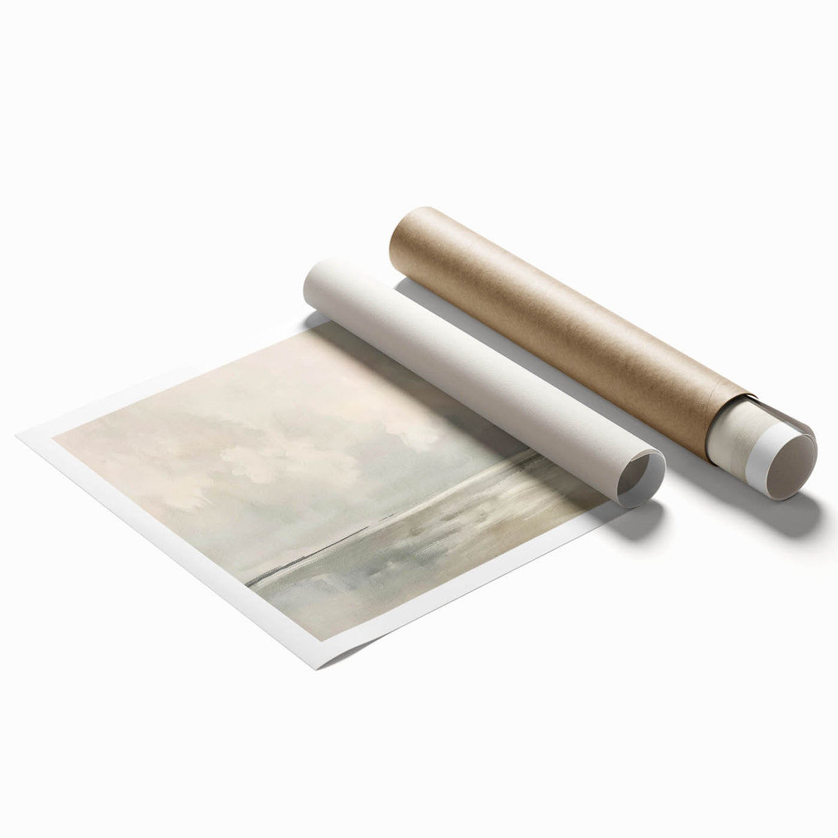 Abstract landscape wall art print showcasing vibrant colors and fluid shapes, rolled for easy transport in a protective cardboard tube, ideal for home decor.