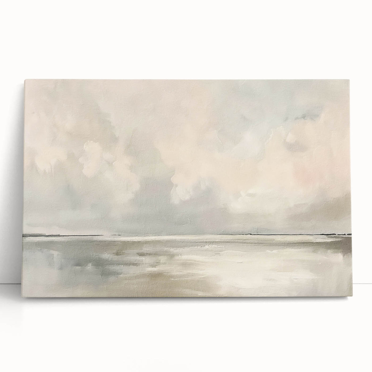 Abstract landscape wall art on stretched canvas, showcasing vibrant colors and fluid shapes, perfect for modern home decor, leaning against a white wall.