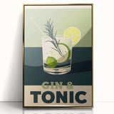 Large art print of mid-century modernist food and drinks, in gold and black tones, framed acrylic.