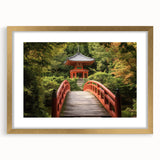 Elegant landscape bridge frame with gold matting, showcasing a front view of a scenic artwork, perfect for enhancing home decor with a touch of sophistication.