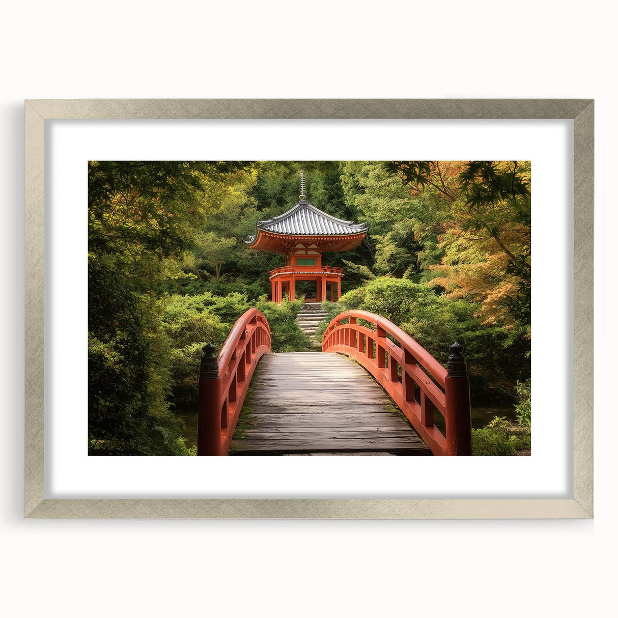 Silver landscape bridge frame with a white mat, showcasing a front view of a modern art print, ideal for home or office decor and enhancing any interior space.