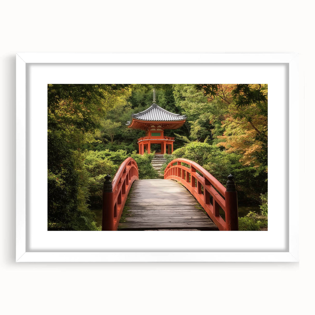 Elegant landscape bridge frame with a white mat, showcasing a modern design ideal for home decor. Perfect for enhancing interior spaces with a touch of sophistication.