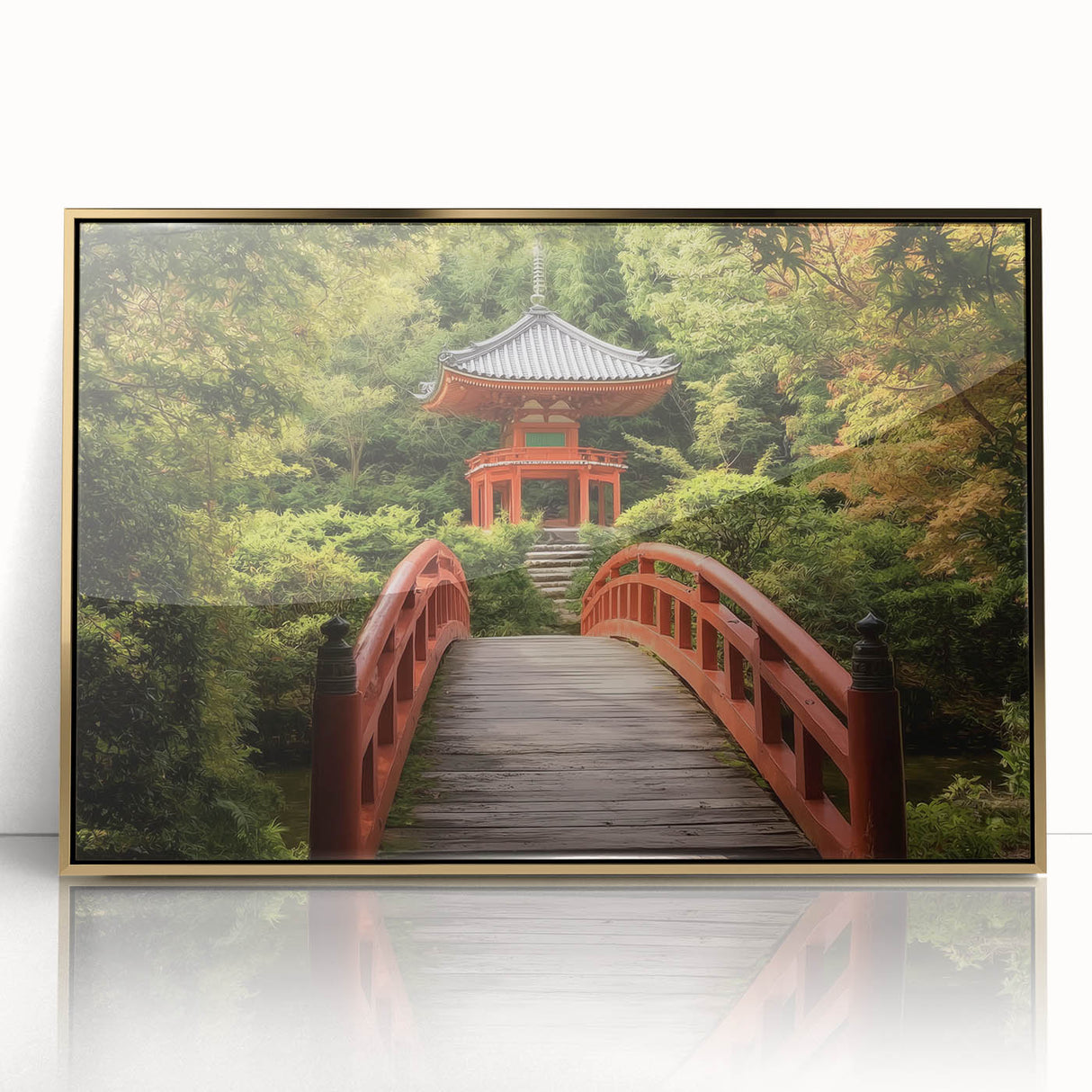 Framed acrylic artwork depicting a serene landscape bridge scene, featuring rich gold accents and a modern design, ideal for home decor and art enthusiasts.