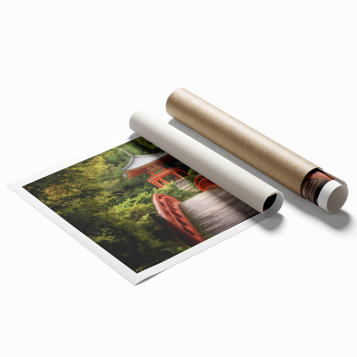 Landscape print showcasing a beautifully designed bridge over a serene body of water, rolled for easy transport, featuring vibrant colors and intricate details. Ideal for home decor enthusiasts seeking unique artwork.