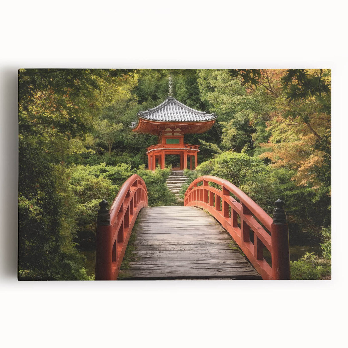 Stretched canvas artwork depicting a serene landscape bridge scene, showcasing vibrant colors and intricate details, ideal for home decor and art enthusiasts.
