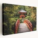 Stretched canvas artwork depicting a vibrant landscape bridge scene, showcasing lush greenery and a serene river, ideal for enhancing home decor with natural beauty.