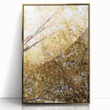 Large art print of a mid-century modernist fall scene in acrylic, framed in gold, ideal for modern art wall decor.