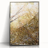 Mid-century modernist art of abstract fall leaves in orange and brown, framed acrylic print, suitable for nursery wall decor.