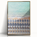 Mid-century modernist summer scene in vibrant warm tones, framed acrylic print, ideal for nursery wall decor.