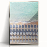 Mid-century modernist art depicting summer season in pastel shades on a silver-framed acrylic, ideal for nursery wall art.
