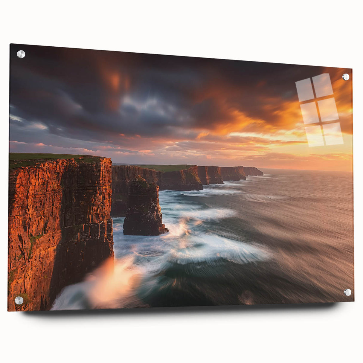 Acrylic glass artwork depicting striking cliffs and landscapes, showcasing vibrant colors and intricate details, ideal for modern home decor.