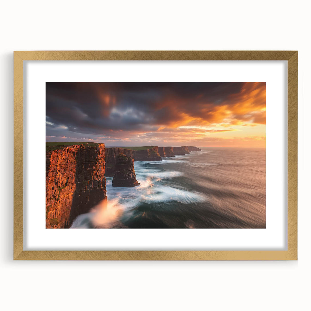 Framed landscape artwork depicting dramatic cliffs with a gold mat, showcasing intricate details and vibrant colors, perfect for enhancing home decor.