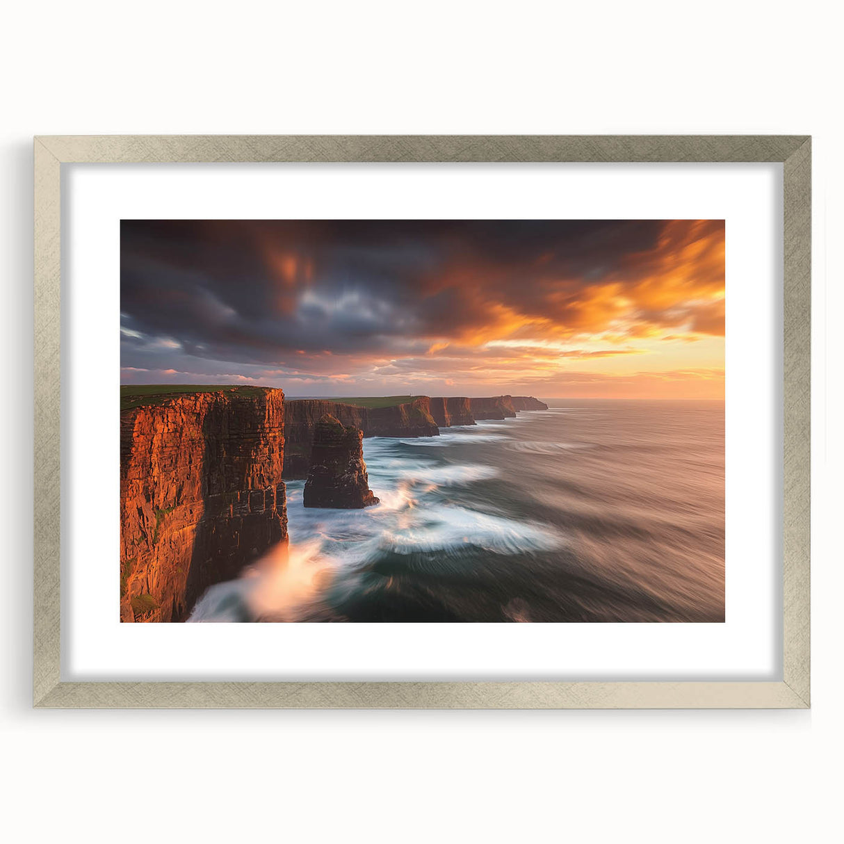 Framed landscape art depicting majestic cliffs in a silver mat with a sleek front view, perfect for modern home decor. Ideal for nature and travel enthusiasts.