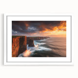 Framed landscape artwork showcasing dramatic cliffs and serene scenery, presented with a white mat for an elegant touch, perfect for home decor.