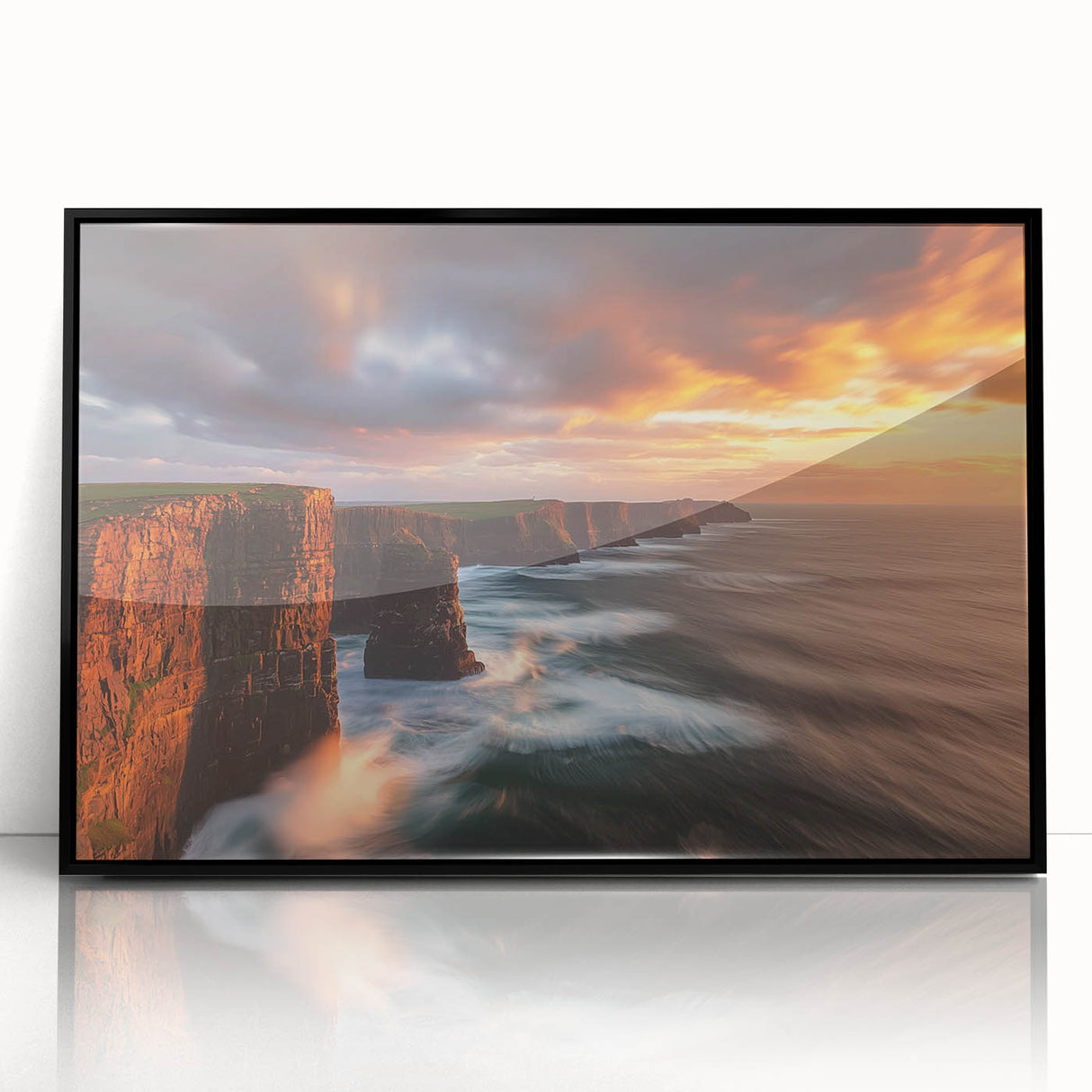Framed acrylic landscape artwork depicting dramatic cliffs and a serene ocean view, with a sleek black frame, ideal for enhancing modern home decor.