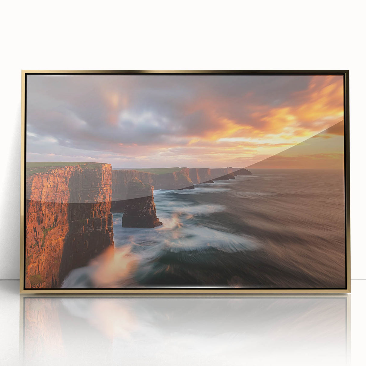 Framed acrylic artwork depicting dramatic cliffs and vibrant landscapes in gold tones, ideal for modern home decor. Perfect for adding a touch of elegance.