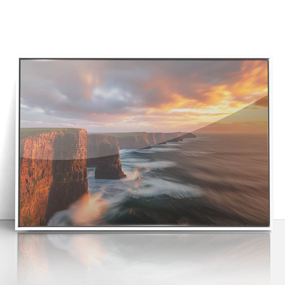 Framed acrylic artwork depicting a serene landscape with majestic cliffs and vibrant colors, showcasing natural beauty in a white frame, ideal for home decor.