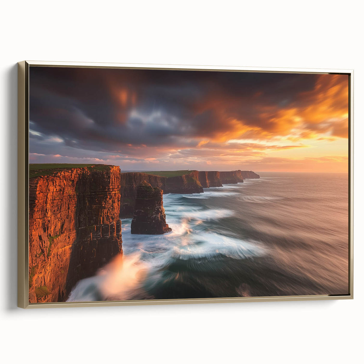 Framed canvas art depicting a dramatic cliff landscape, showcasing vibrant colors and intricate details, set against a gold frame, enhancing its elegance.