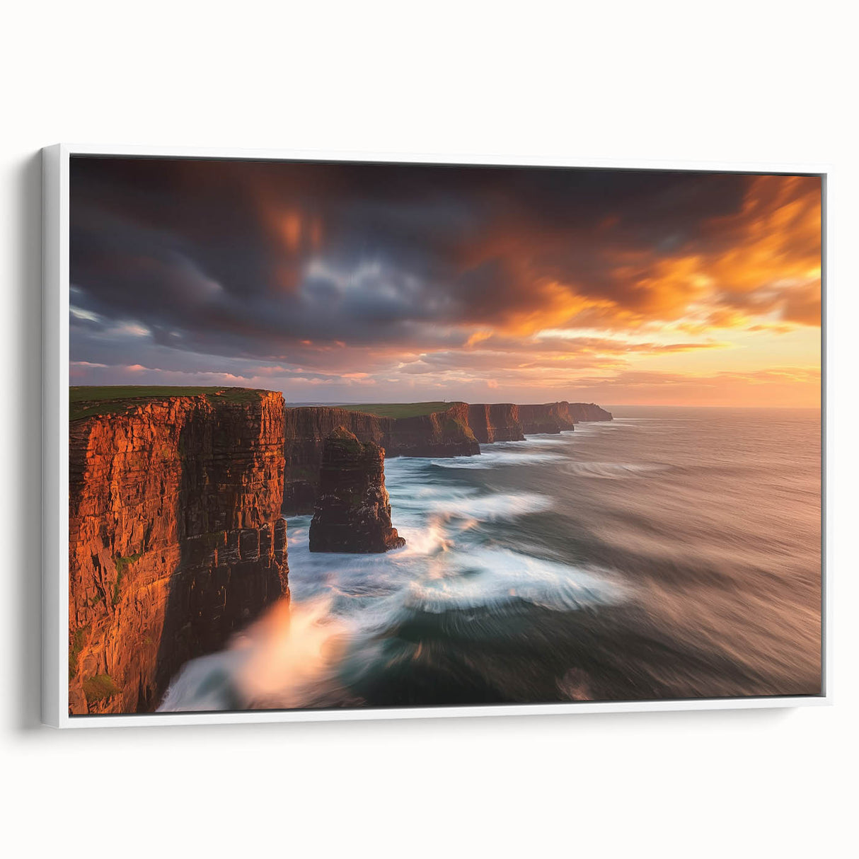 Framed canvas artwork depicting a breathtaking landscape of majestic cliffs under a vibrant sky, showcasing intricate details and rich colors, ideal for enhancing home decor.