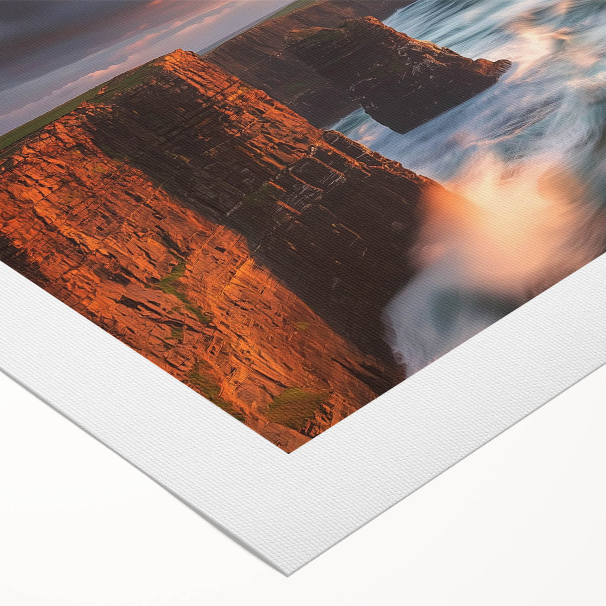 Stunning rolled canvas artwork showcasing a vibrant landscape with dramatic cliffs and a serene sky, elegantly packaged in a durable cardboard tube for safe delivery.