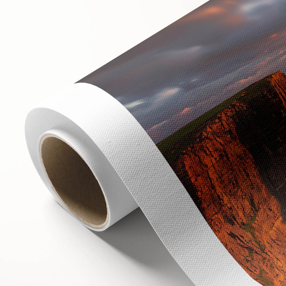 Vibrant rolled canvas depicting stunning coastal cliffs at sunset, showcasing rich colors and textures, ideal for enhancing any interior space or art collection.