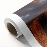 Vibrant rolled canvas depicting stunning coastal cliffs at sunset, showcasing rich colors and textures, ideal for enhancing any interior space or art collection.