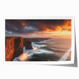 Vibrant rolled print showcasing a dramatic cliff landscape, featuring rich colors and intricate details, packaged securely in a protective cardboard tube for shipping.