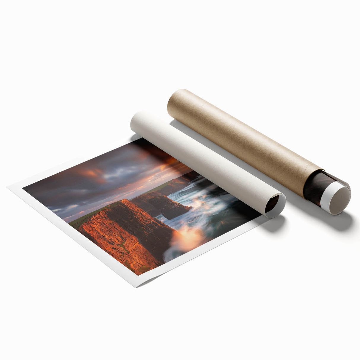 Stunning rolled canvas print depicting a serene coastal landscape with dramatic cliffs and vibrant ocean hues, ideal for enhancing any home decor.