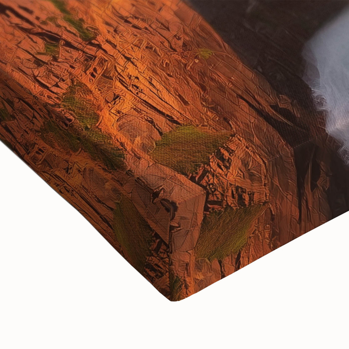 Close-up of a stretched canvas depicting a dramatic landscape with towering cliffs and vibrant colors, ideal for home decor or art collectors seeking nature-inspired pieces.