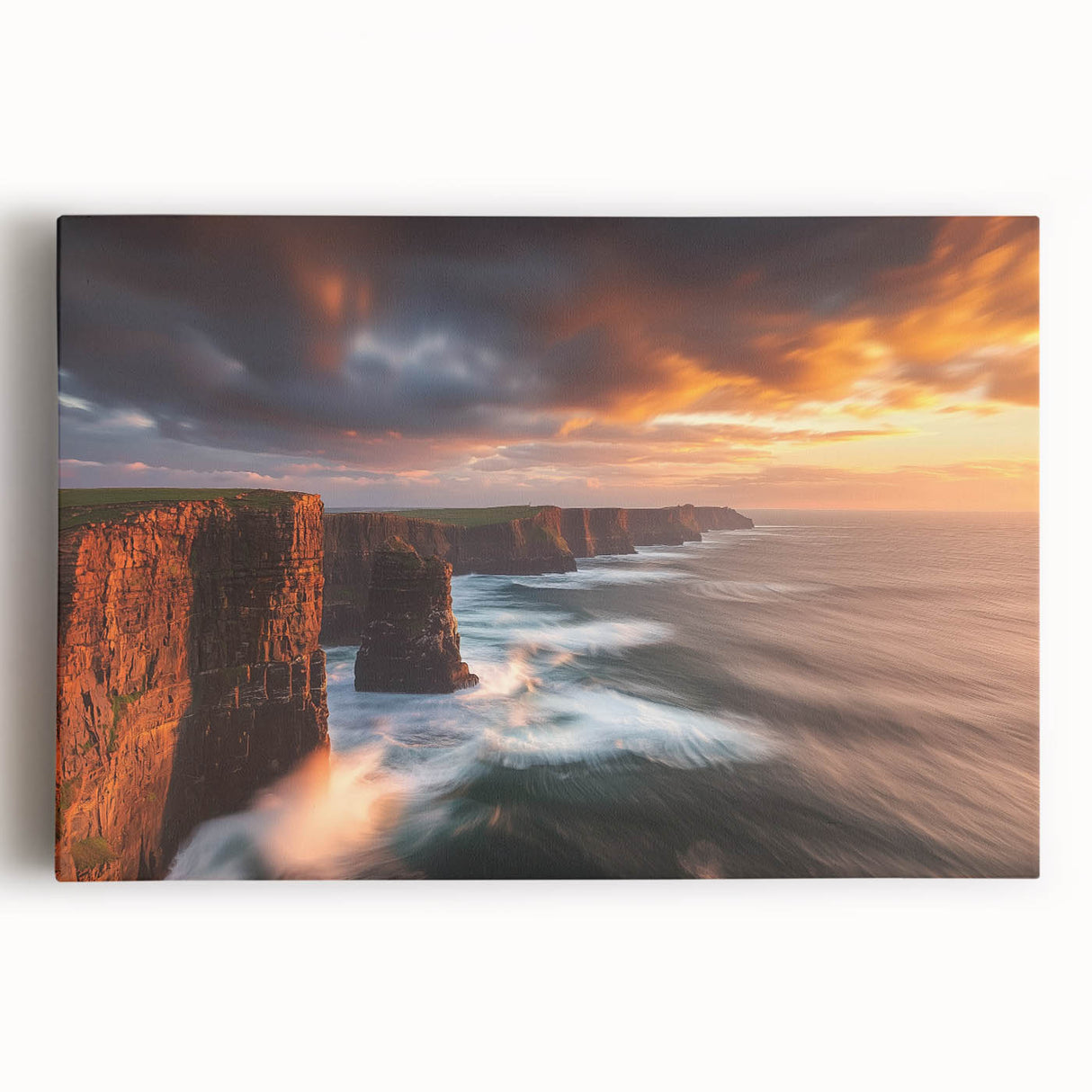 Stretched canvas artwork depicting a dramatic landscape with towering cliffs and vibrant blue skies, perfect for enhancing home decor with a natural theme.