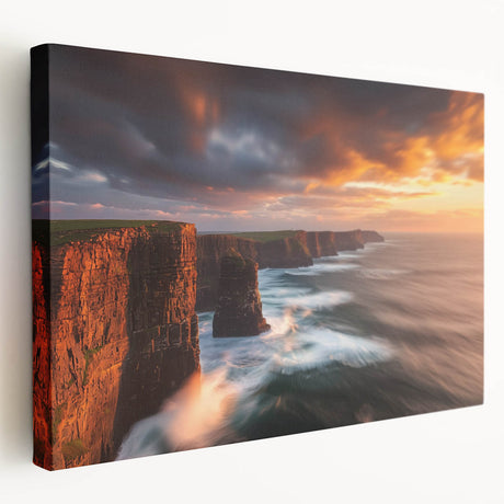 Stretched canvas artwork showcasing a breathtaking side view of dramatic cliffs against a vibrant sunset sky, ideal for enhancing any landscape-themed decor.