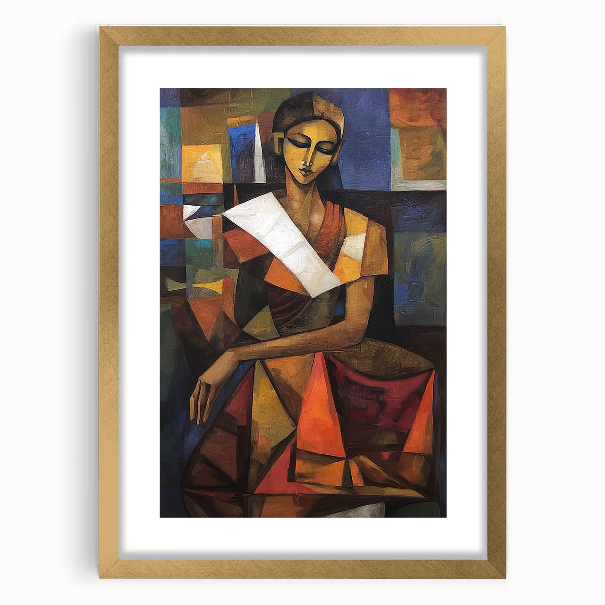 Abstract figurative art frame in matte gold, showcasing a vibrant, colorful design with intricate patterns, ideal for modern home decor. Perfect for art enthusiasts seeking unique wall accents.