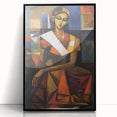 Abstract figurative artwork in a black frame, showcasing vibrant colors and dynamic shapes, ideal for modern home decor. Perfect centerpiece for artistic spaces.