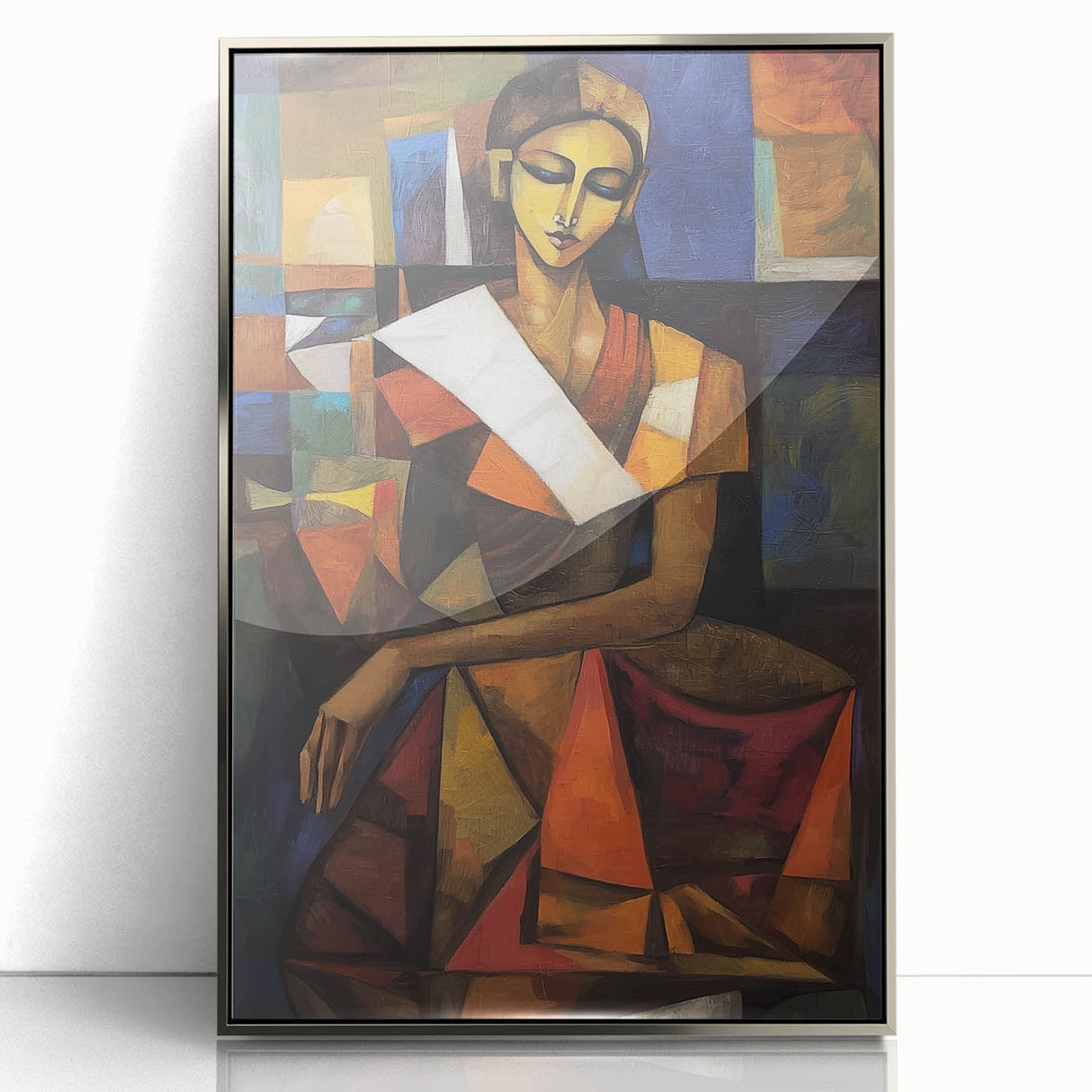 Framed abstract figurative artwork with a silver acrylic front, showcasing dynamic shapes and vibrant colors, ideal for modern home decor. Perfect for adding a contemporary touch to living spaces or galleries.