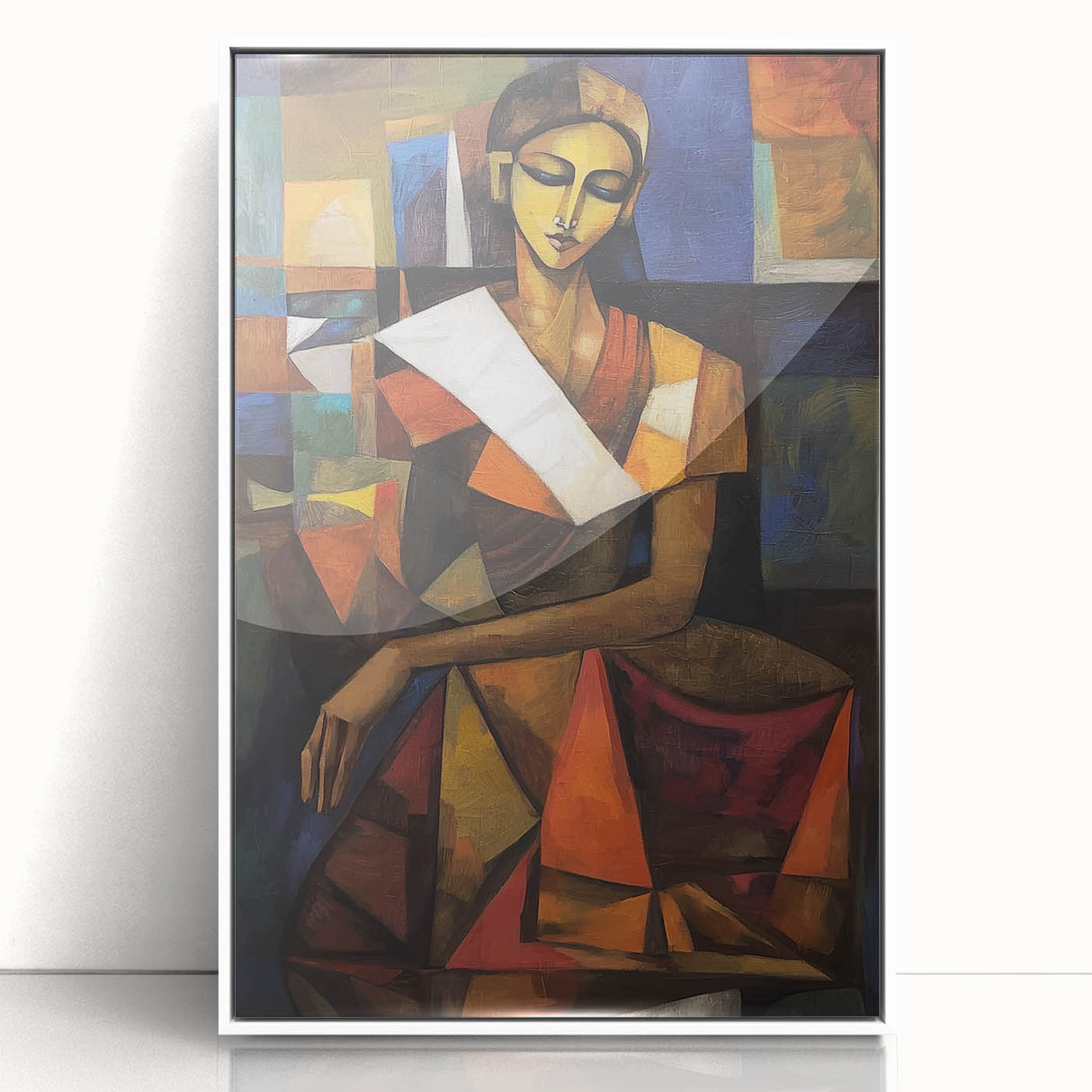 Framed abstract figurative artwork in white acrylic, showcasing vibrant colors and dynamic shapes, perfect for modern home decor and artistic expression.