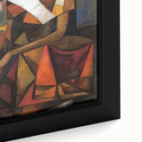 Close-up of a vibrant abstract figurative framed canvas artwork showcasing bold colors and intricate textures, perfect for modern home decor. This unique piece adds a contemporary touch to any living space, enhancing the aesthetic appeal with its artistic design and colorful palette.